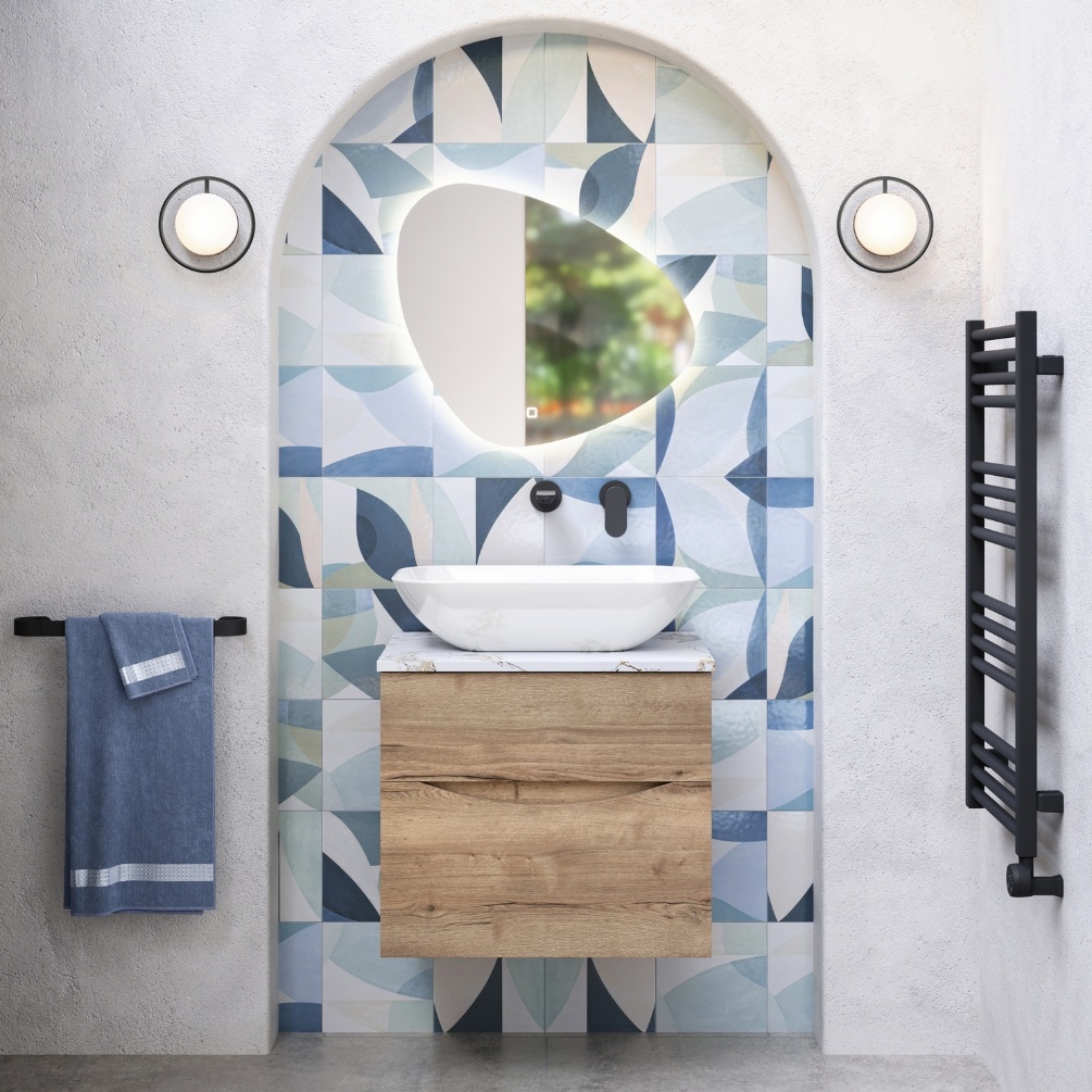 Product Lifestyle image of the Crosswater Glide II Windsor Oak 600mm Double Drawer Unit with Gold Vein Worktop